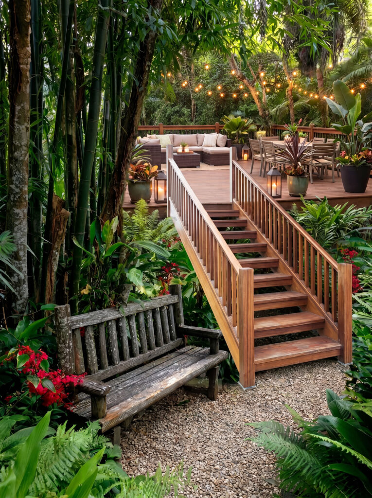 External timber stairs to luscious garden